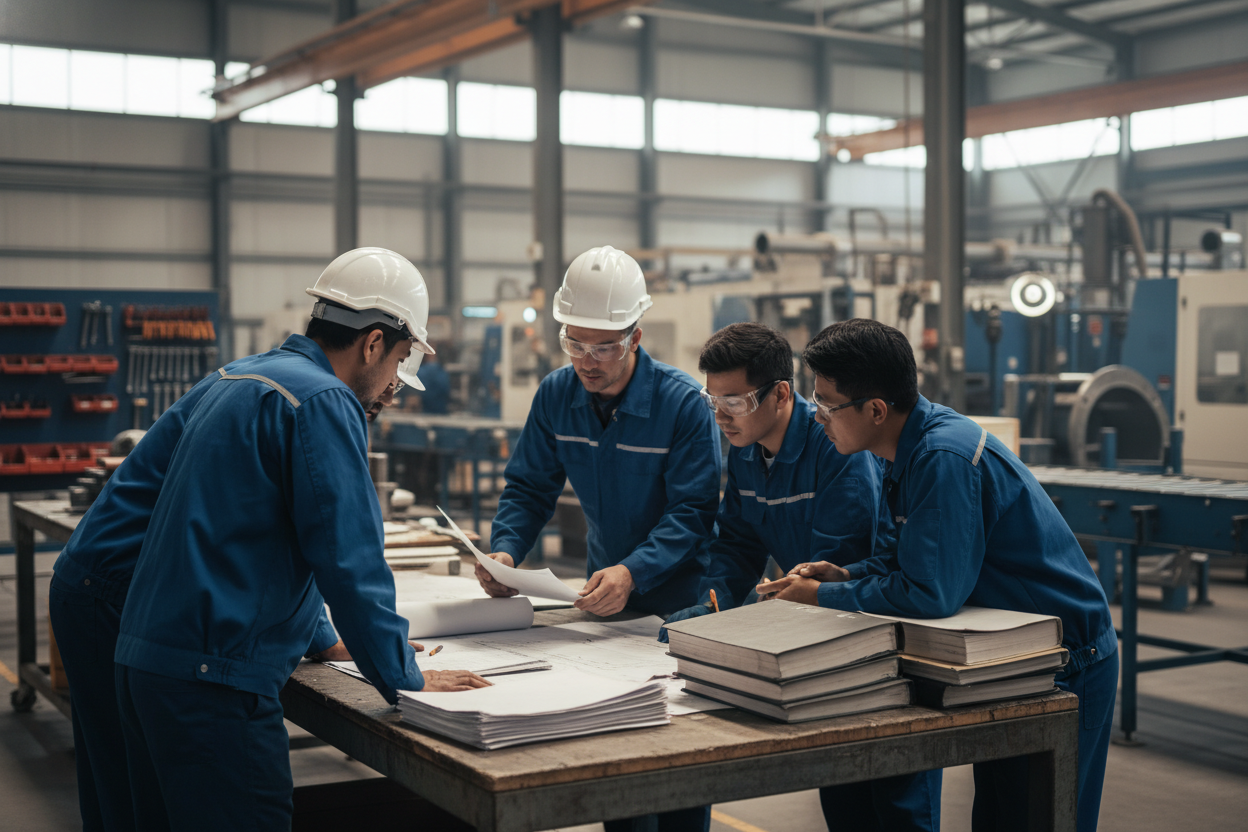 jefe y trabajadores leyendo en un ambiente de trabajo o industrial sin mostrar el rostro